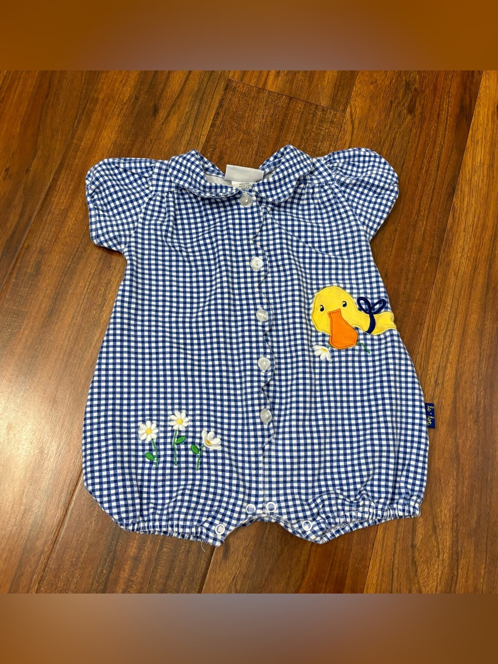 Le Top Vintage Blue/White Plaid Embroidered Duck Flowers Short Sleeve Romper